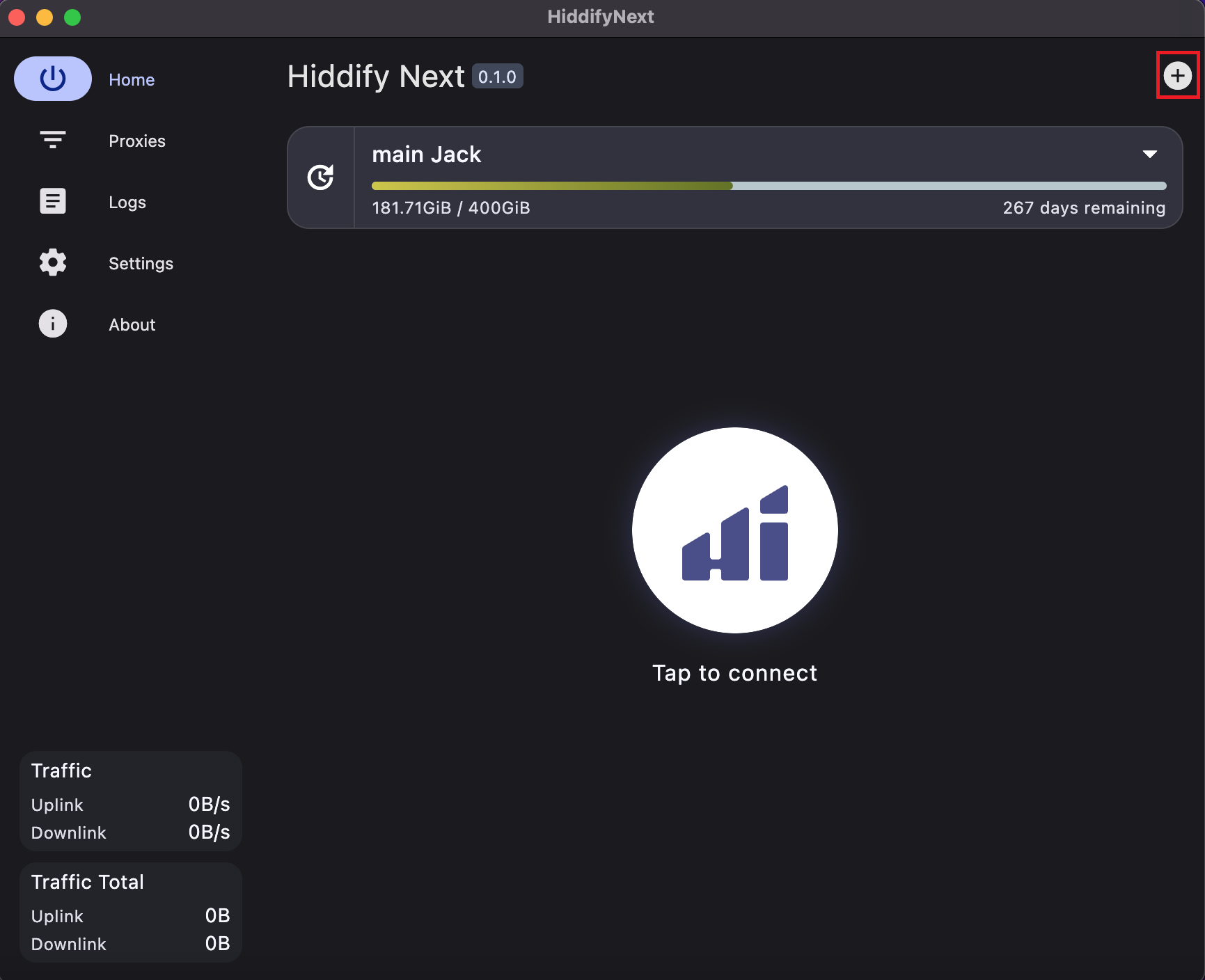 Официальный экран Hiddify с кнопкой плюс в правом верхнем углу
