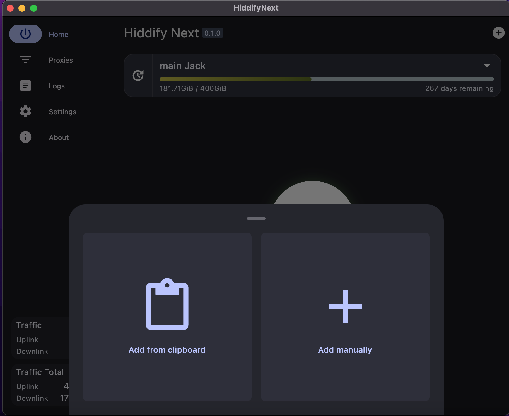 Официальный экран Hiddify с пунктом Add from clipboard