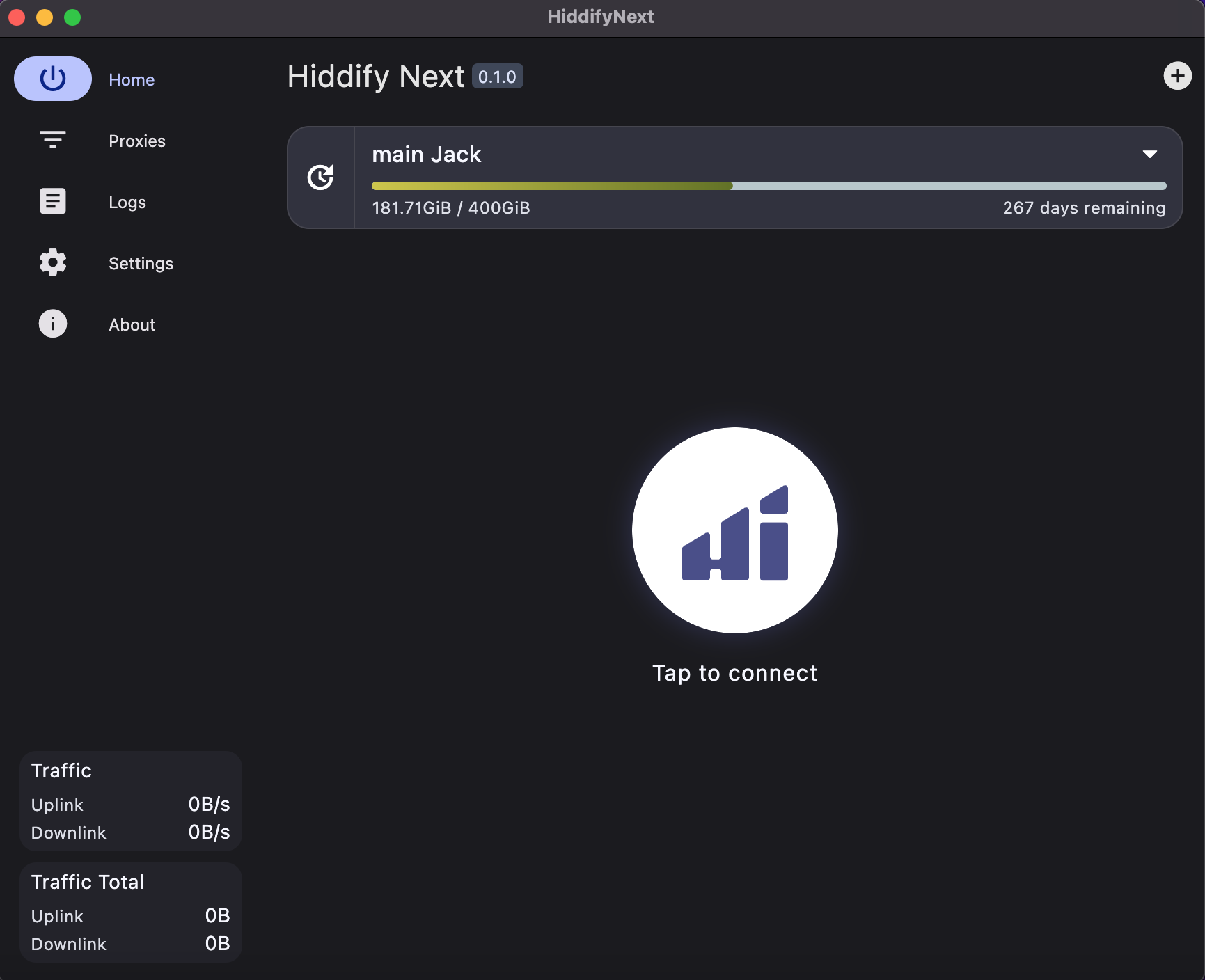 Официальный экран Hiddify с добавленным профилем