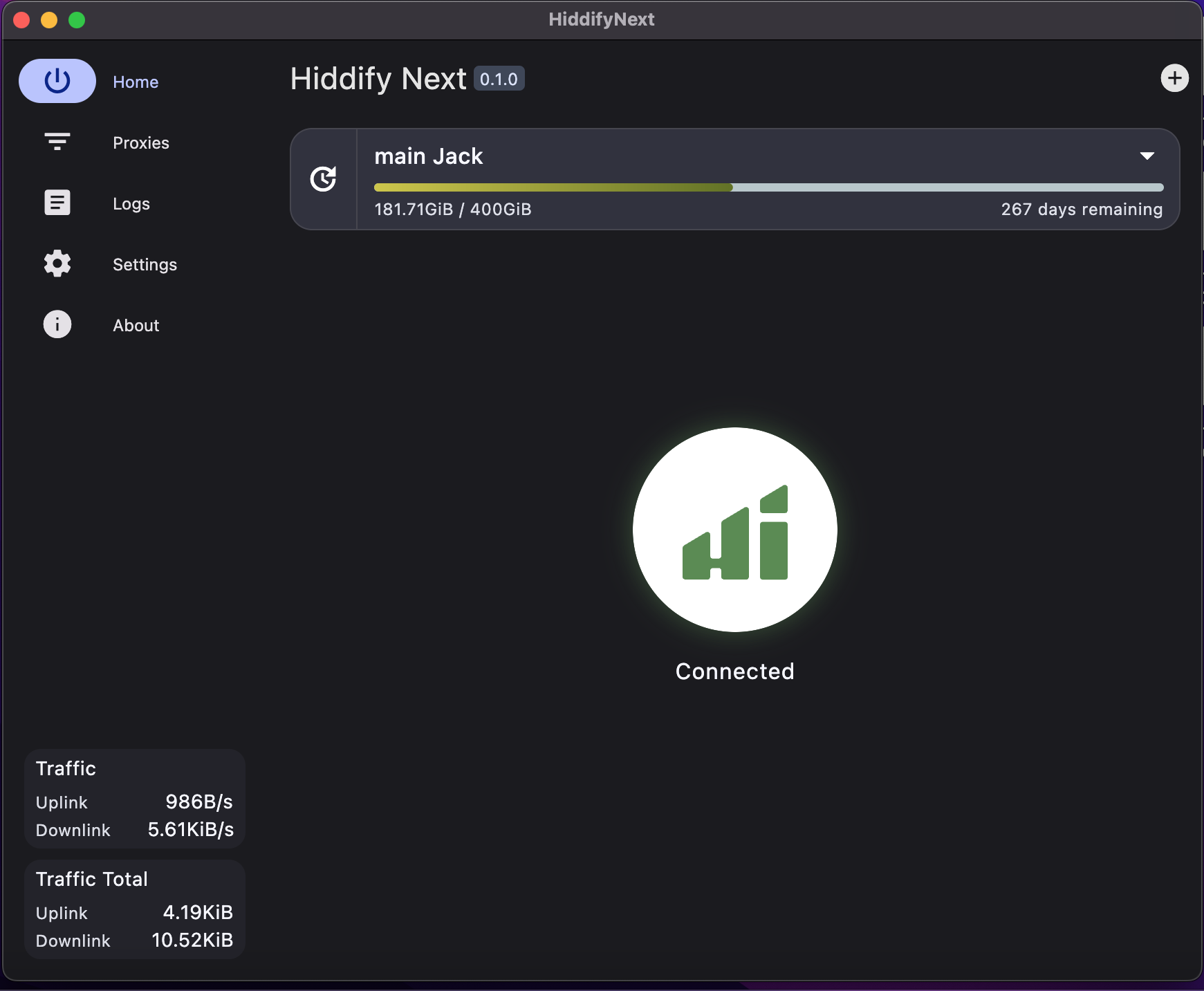 Официальный экран Hiddify с активным статусом Connected